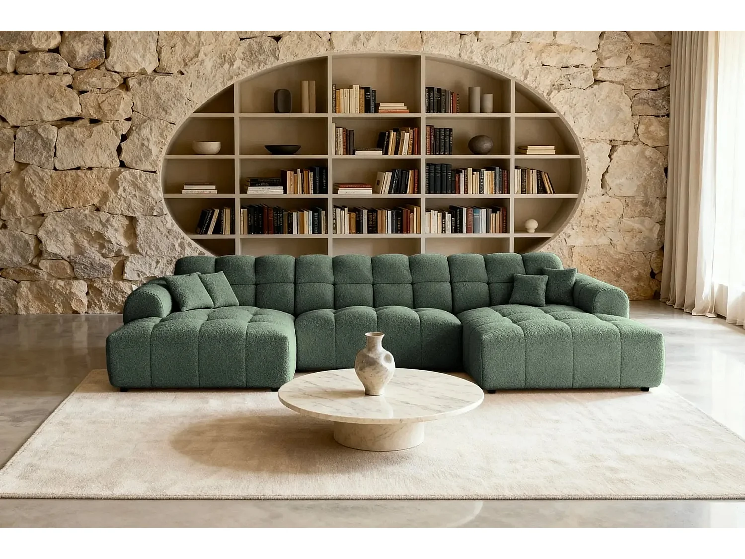 ALEXIA - Canapé panoramique tissu bouclette 5 places - Vert