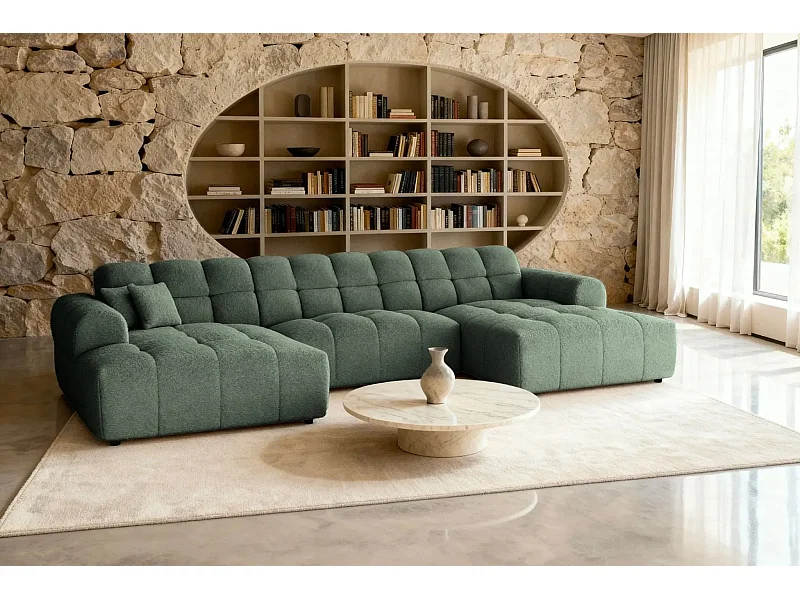 ALEXIA - Canapé panoramique tissu bouclette 5 places - Vert