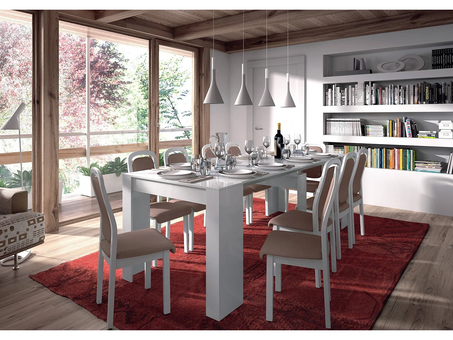 Console Compton, Table à manger extensible, Table avec rallonges polyvalentes extensible jusqu'à 10 places, 51/237x90h78 cm, Blanc Brillant