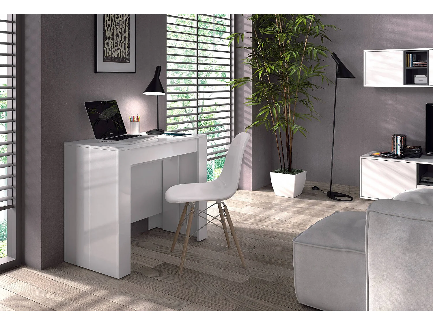 Console Compton, Table à manger extensible, Table avec rallonges polyvalentes extensible jusqu'à 10 places, 51/237x90h78 cm, Blanc Brillant