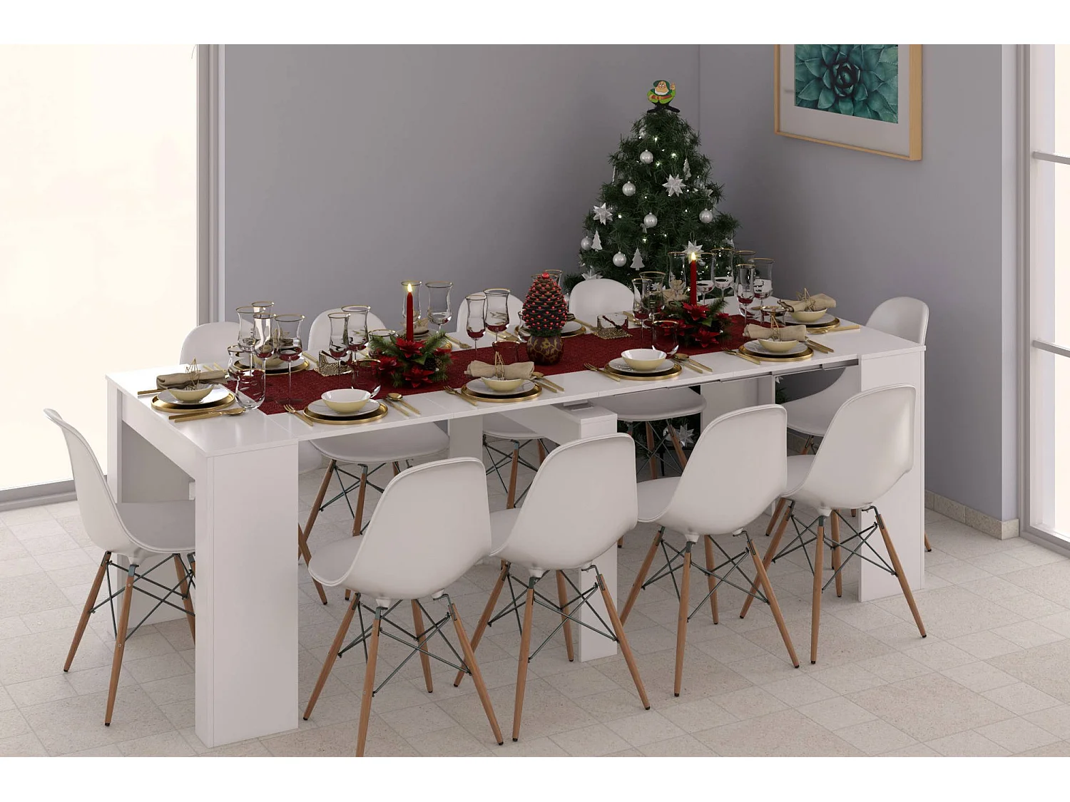 Consola Compton, Mesa de jantar extensível, Mesa com extensões multiusos extensíveis até 10 lugares, 51/237x90h78 cm, Branco Brilhante
