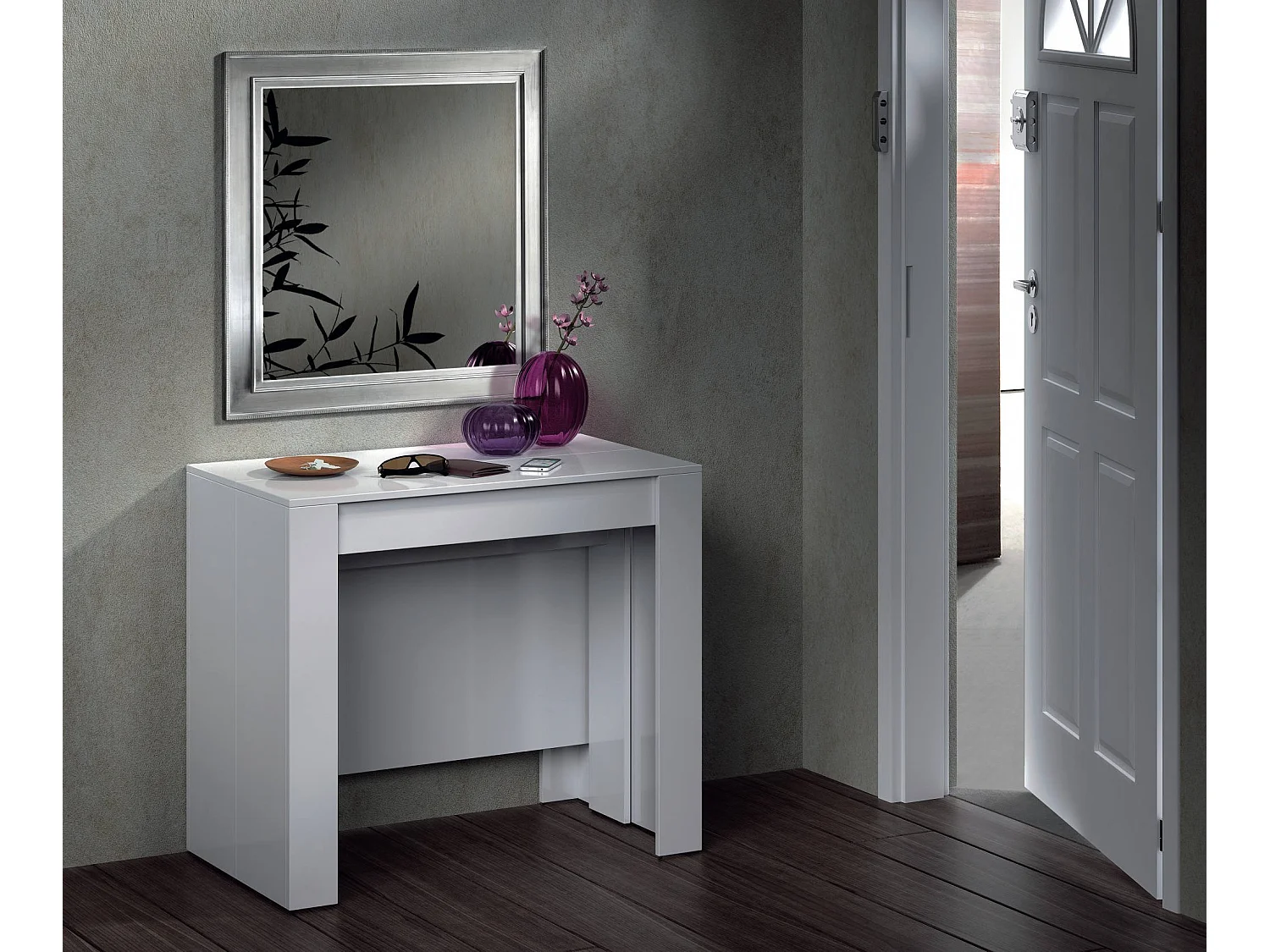 Consola Compton, Mesa de jantar extensível, Mesa com extensões multiusos extensíveis até 10 lugares, 51/237x90h78 cm, Branco Brilhante