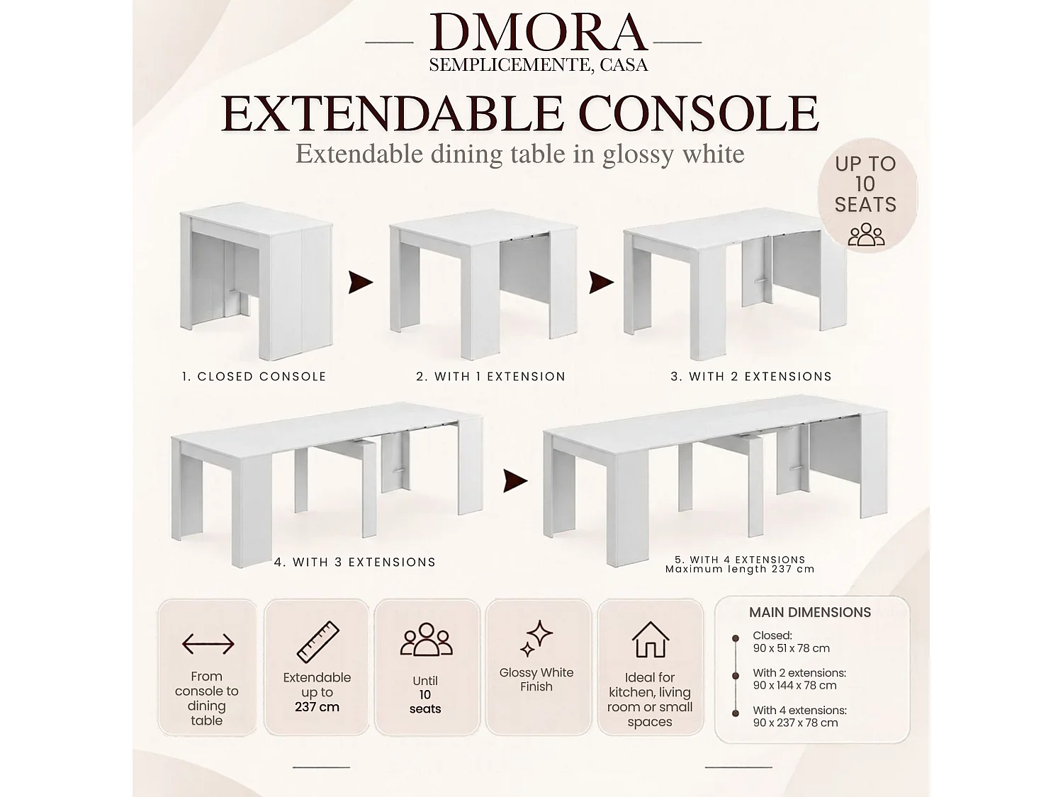 Consola Compton, Mesa de jantar extensível, Mesa com extensões multiusos extensíveis até 10 lugares, 51/237x90h78 cm, Branco Brilhante