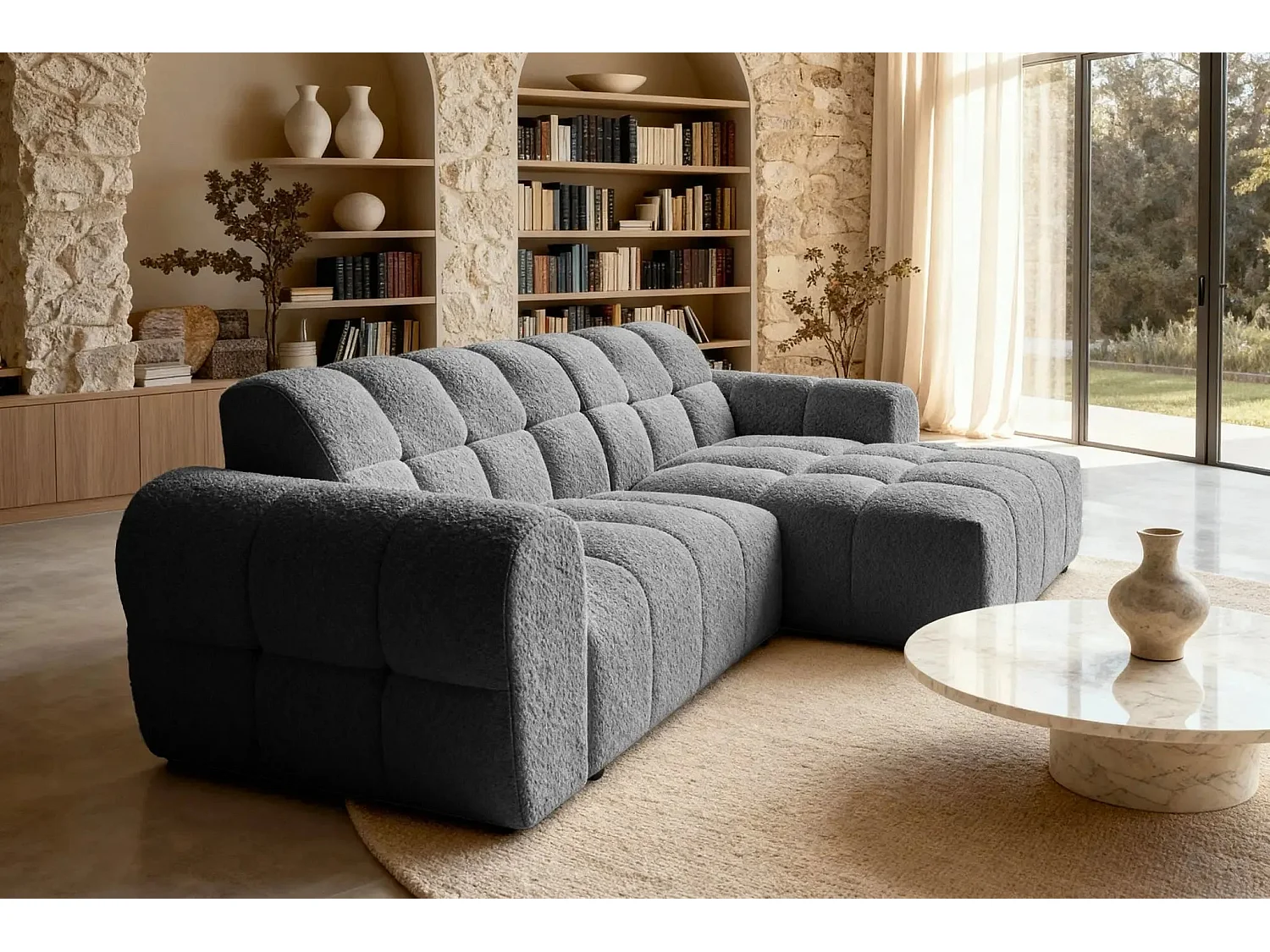 ALEXIA - Canapé d'angle tissu bouclette 4 places - Gris anthracite - Gauche