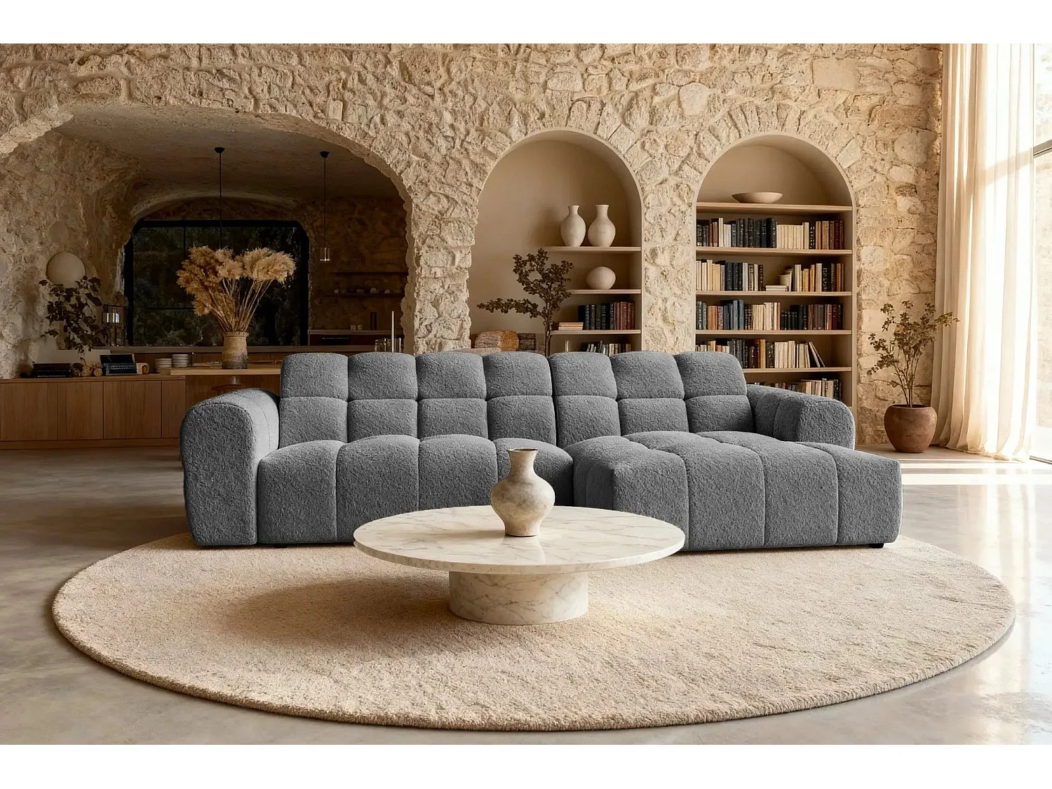 ALEXIA - Canapé d'angle tissu bouclette 4 places - Gris anthracite - Gauche