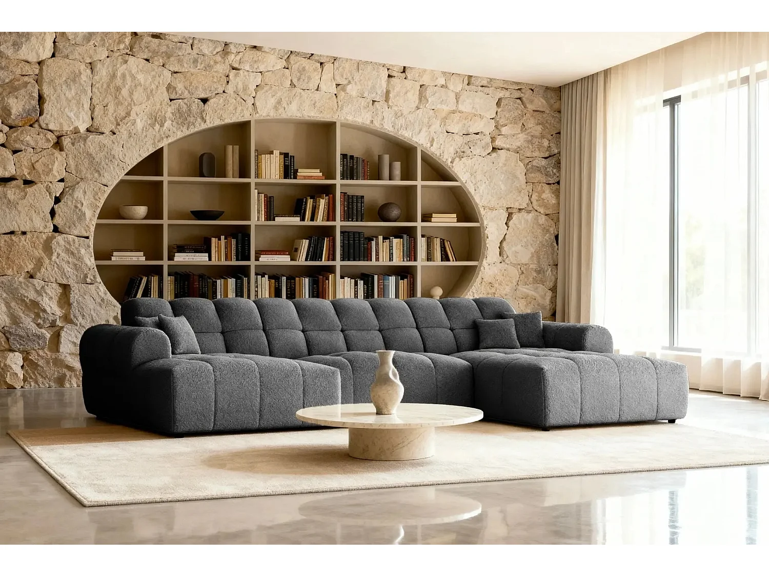 ALEXIA - Canapé panoramique tissu bouclette 5 places - Gris foncé