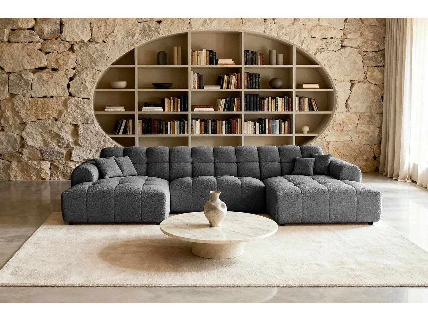 ALEXIA - Canapé panoramique tissu bouclette 5 places - Gris foncé