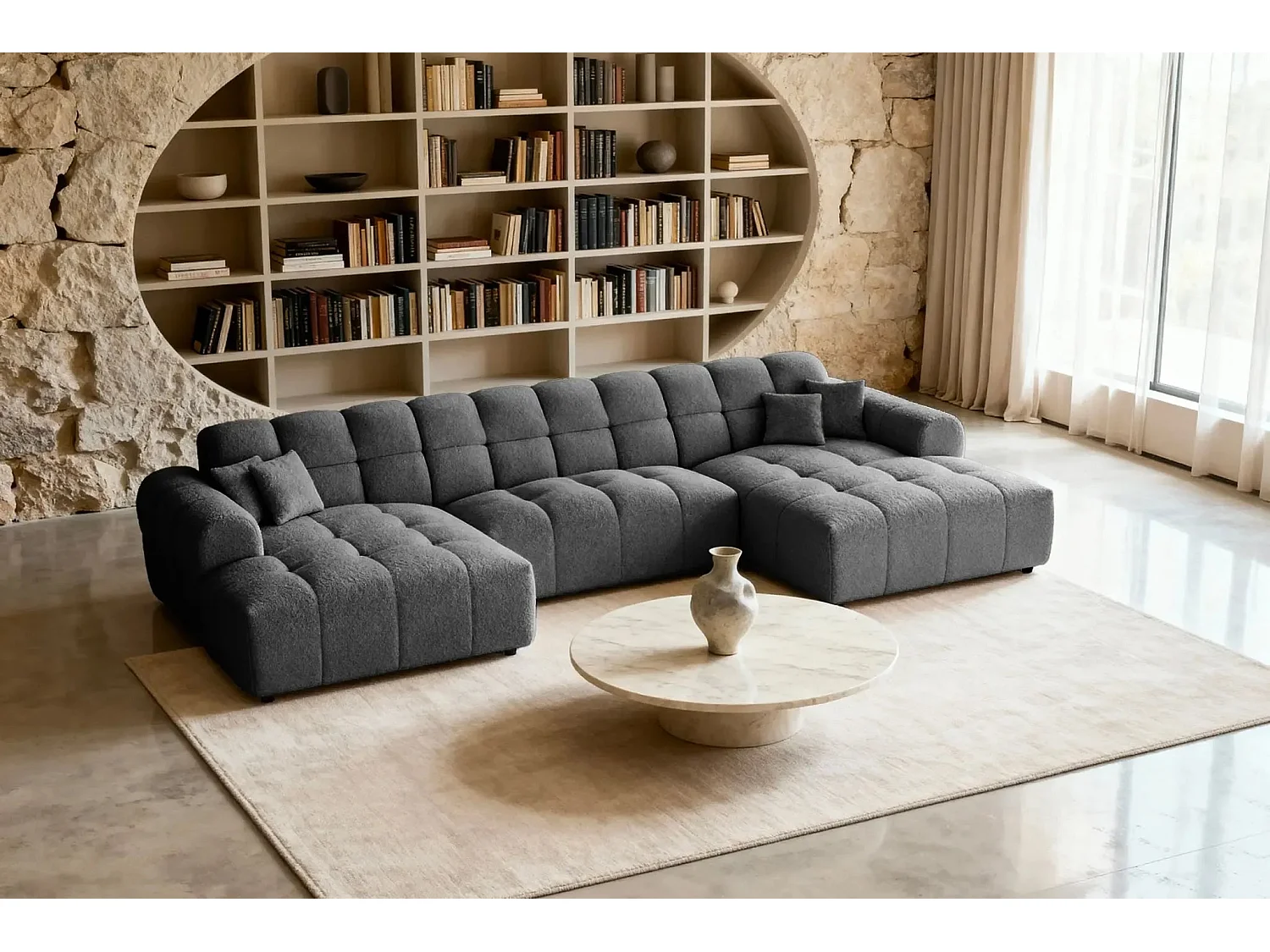 ALEXIA - Canapé panoramique tissu bouclette 5 places - Gris foncé