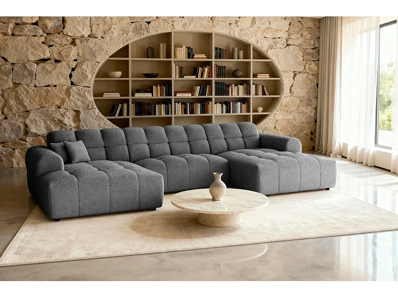 ALEXIA - Canapé panoramique tissu bouclette 5 places - Gris foncé