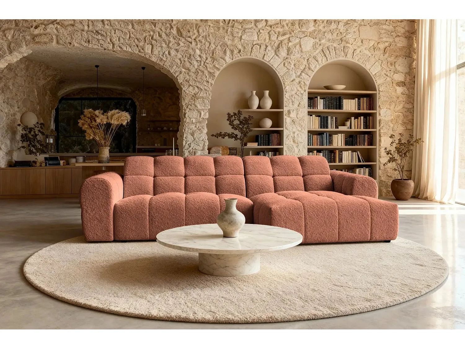 ALEXIA - Canapé d'angle tissu bouclette 4 places - Terracotta - Gauche