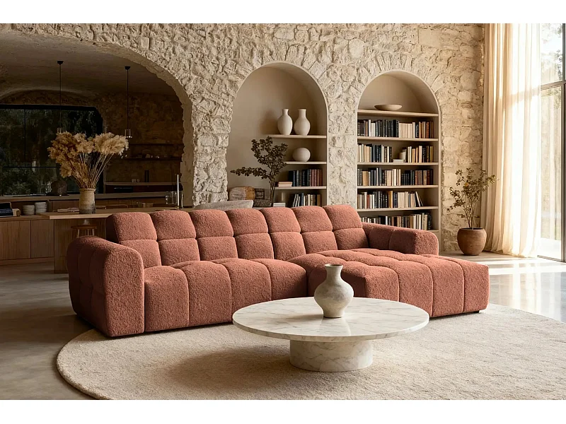 ALEXIA - Canapé d'angle tissu bouclette 4 places - Terracotta - Gauche