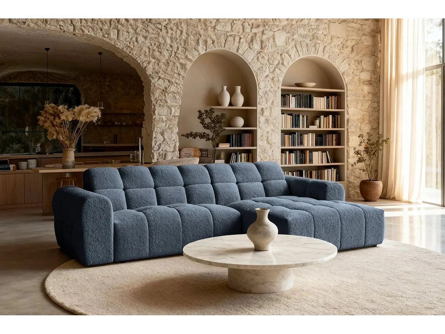 ALEXIA - Canapé d'angle tissu bouclette 4 places - Bleu - Gauche