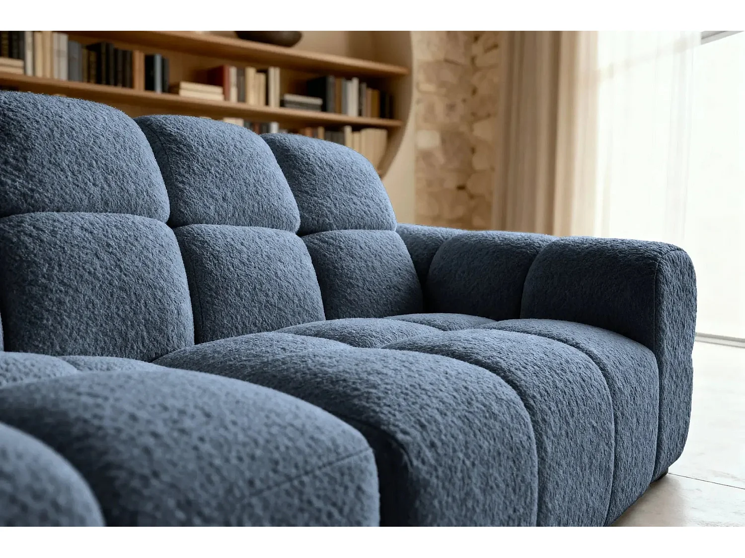 ALEXIA - Canapé d'angle tissu bouclette 4 places - Bleu - Gauche