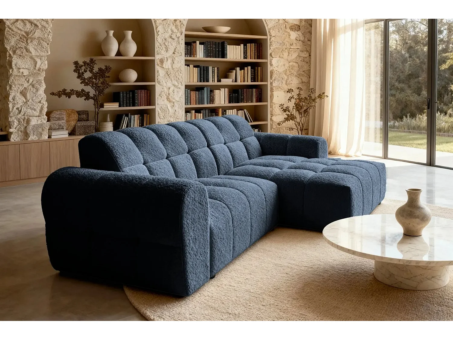 ALEXIA - Canapé d'angle tissu bouclette 4 places - Bleu - Gauche