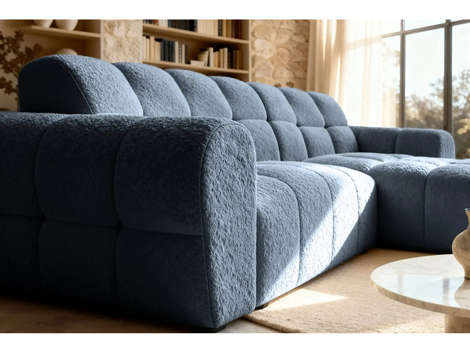 ALEXIA - Canapé d'angle tissu bouclette 4 places - Bleu - Gauche