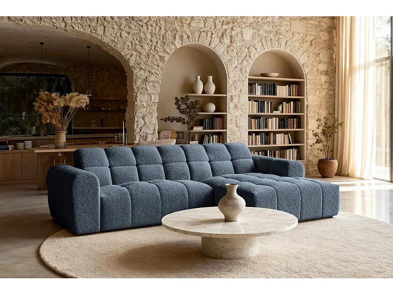 ALEXIA - Canapé d'angle tissu bouclette 4 places - Bleu - Gauche