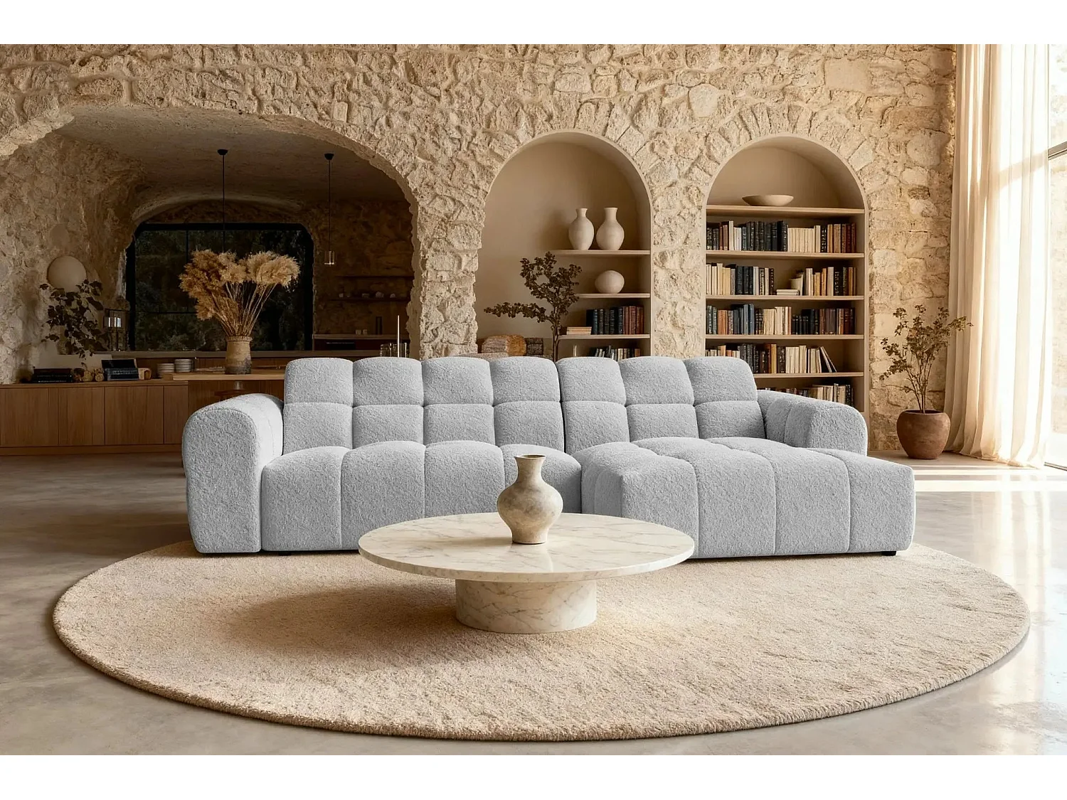 ALEXIA - Canapé d'angle tissu bouclette 4 places - Gris clair - Gauche