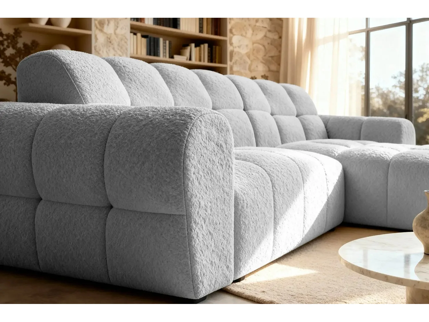 ALEXIA - Canapé d'angle tissu bouclette 4 places - Gris clair - Gauche