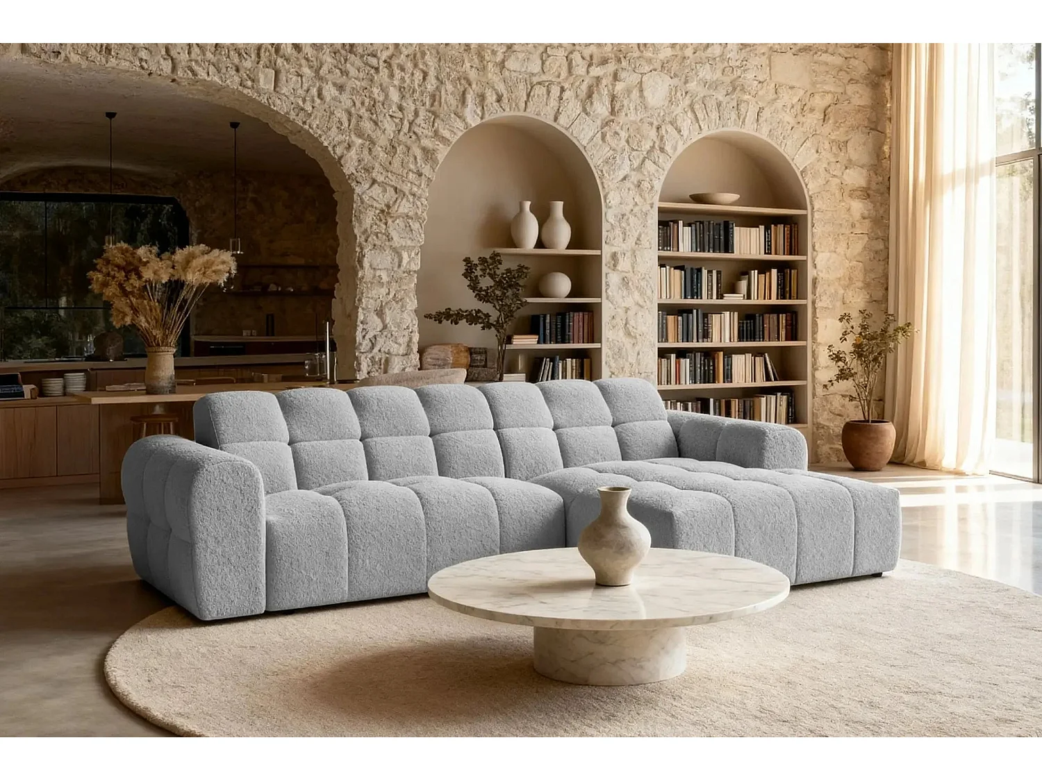 ALEXIA - Canapé d'angle tissu bouclette 4 places - Gris clair - Gauche