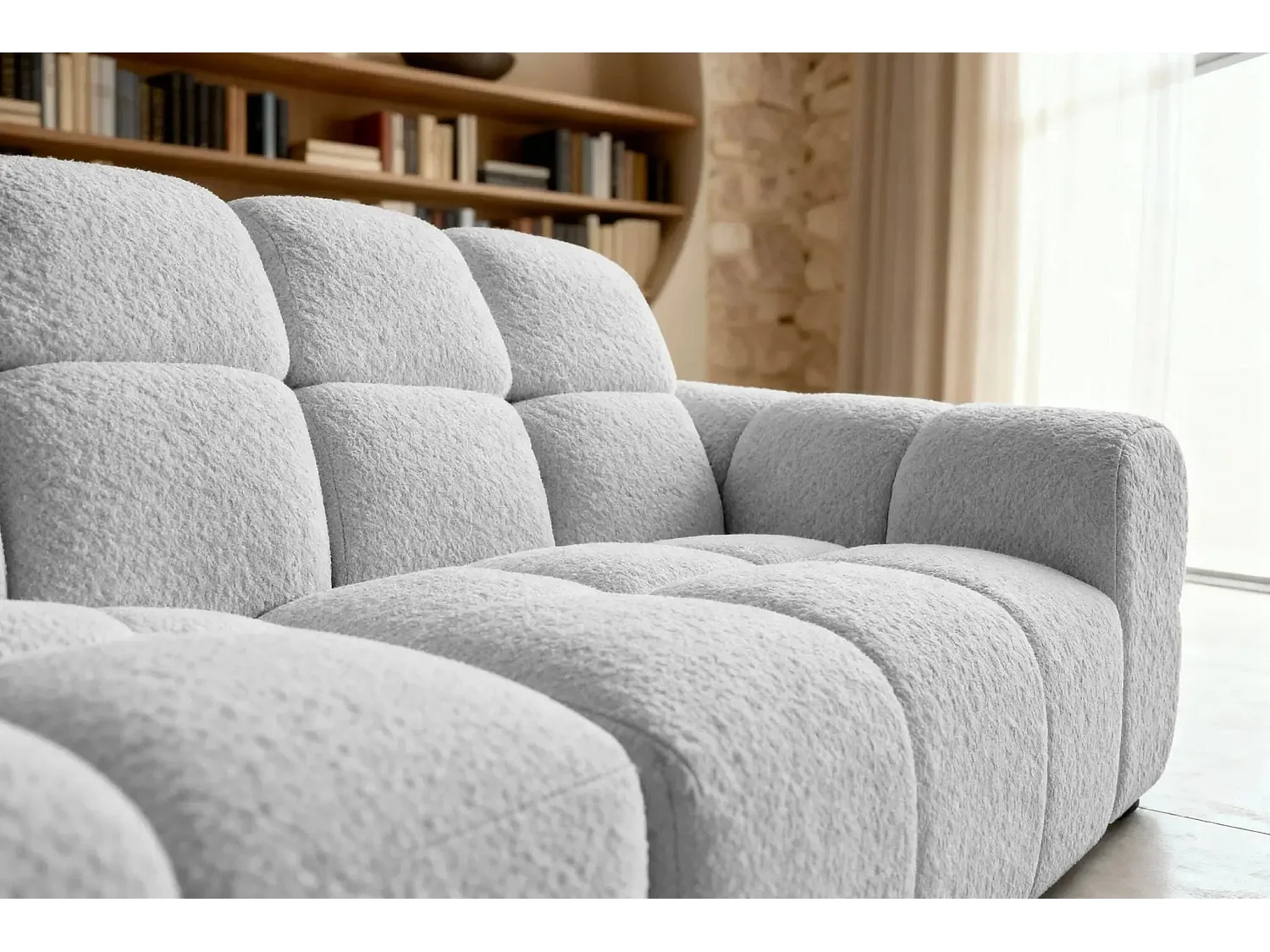 ALEXIA - Canapé d'angle tissu bouclette 4 places - Gris clair - Gauche