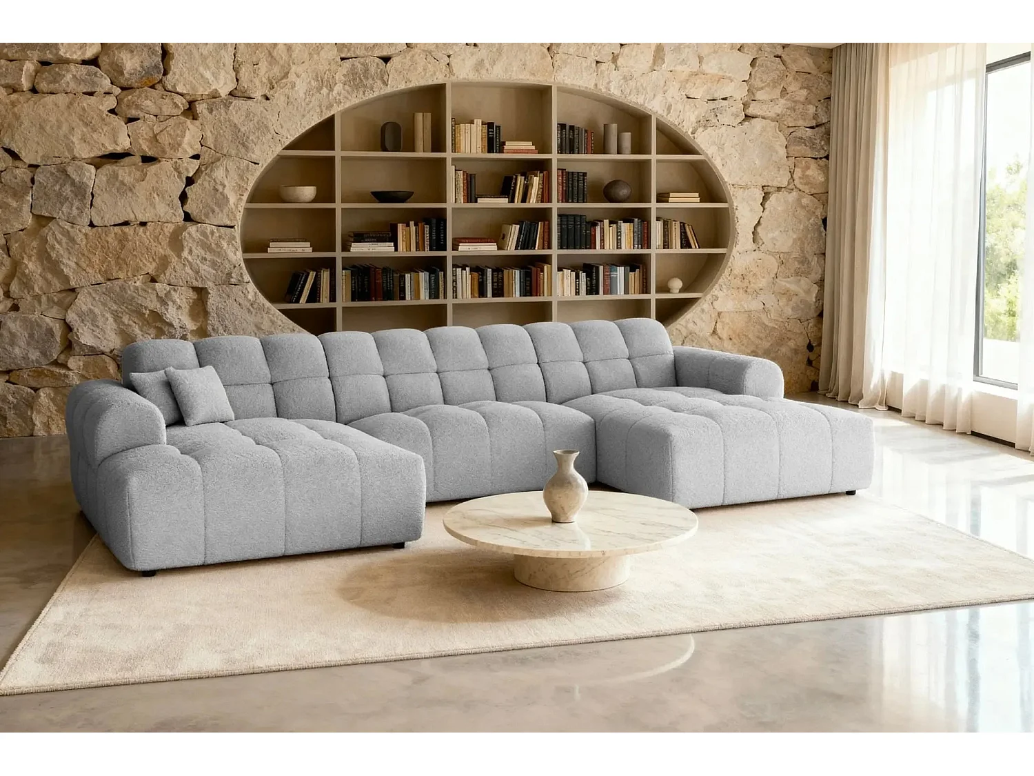 ALEXIA - Canapé panoramique tissu bouclette 5 places - Gris clair