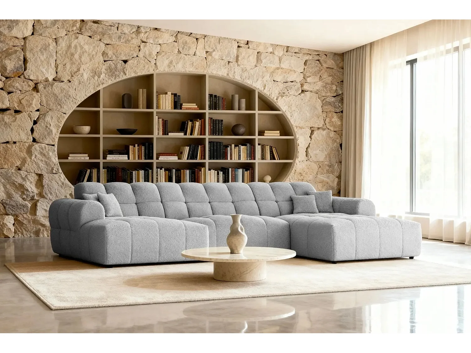 ALEXIA - Canapé panoramique tissu bouclette 5 places - Gris clair