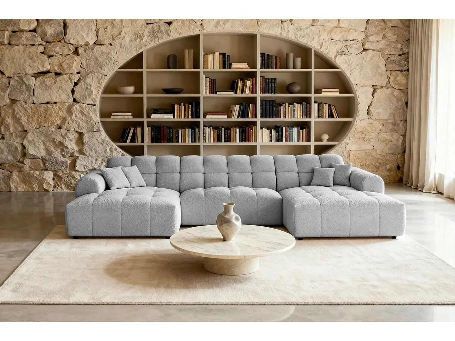 ALEXIA - Canapé panoramique tissu bouclette 5 places - Gris clair