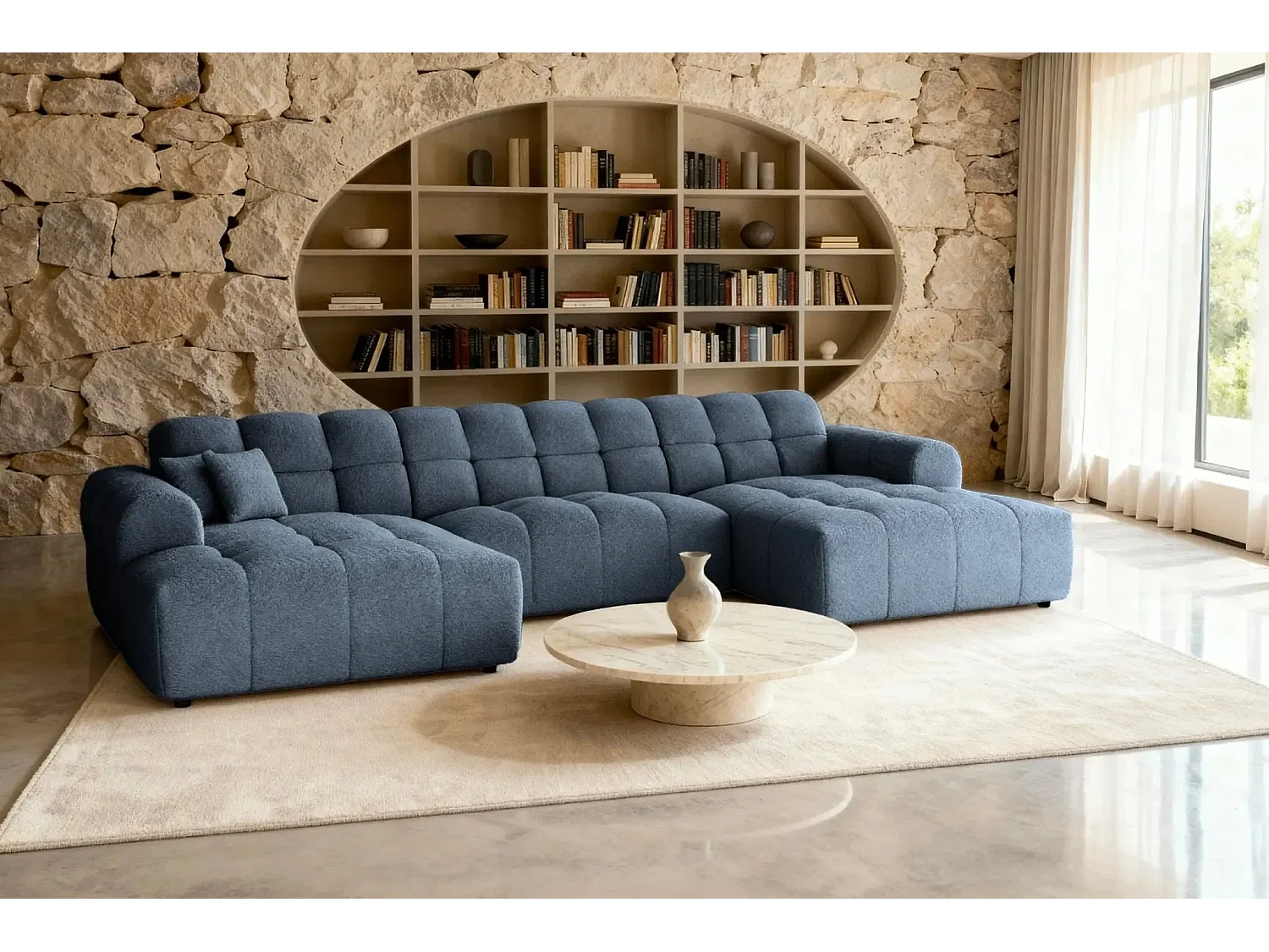 ALEXIA - Canapé panoramique tissu bouclette 5 places - Bleu