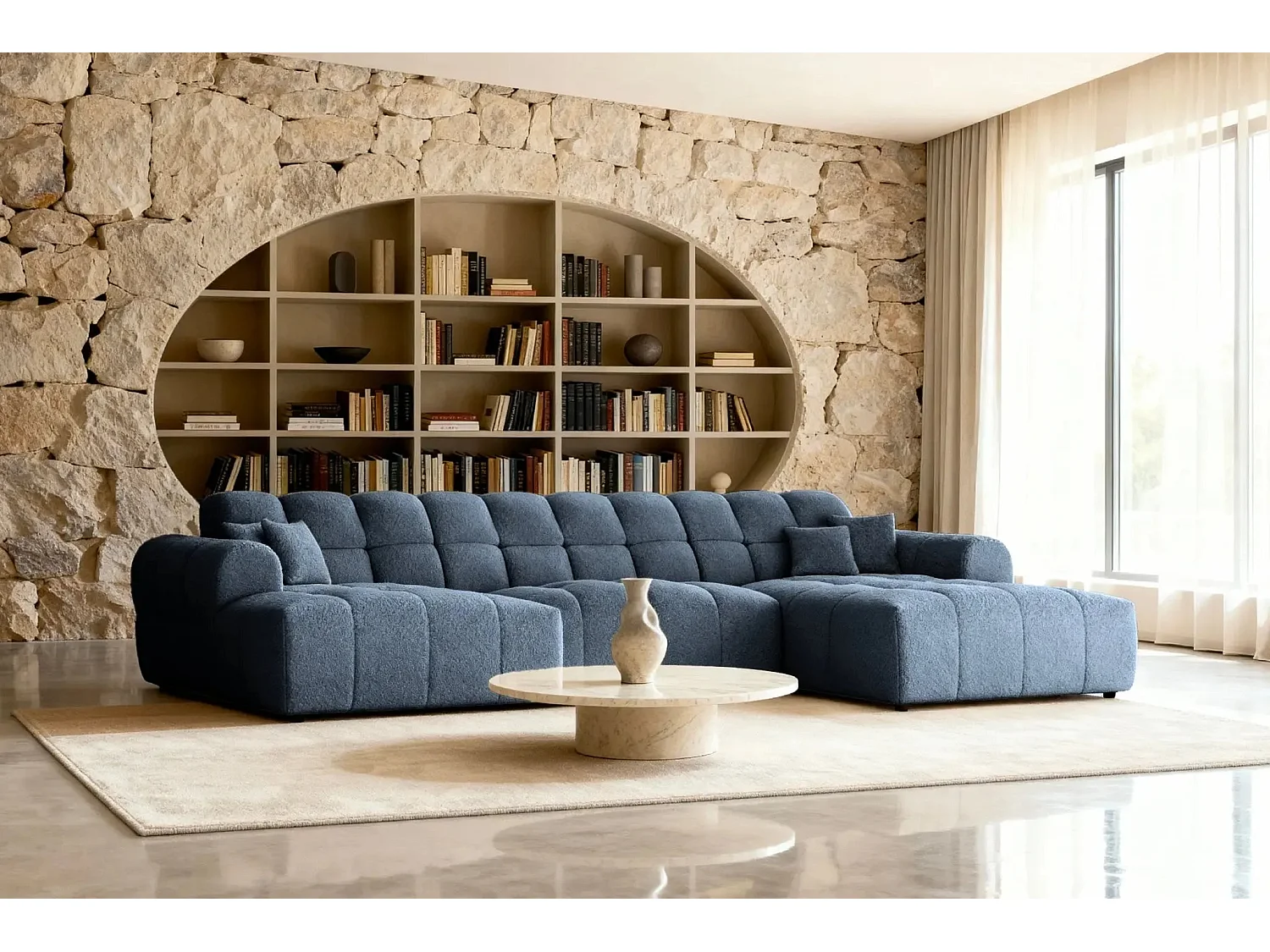 ALEXIA - Canapé panoramique tissu bouclette 5 places - Bleu