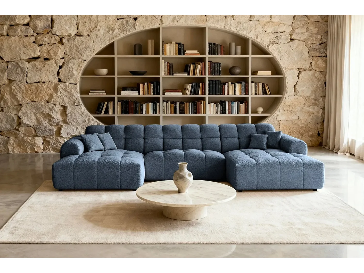 ALEXIA - Canapé panoramique tissu bouclette 5 places - Bleu