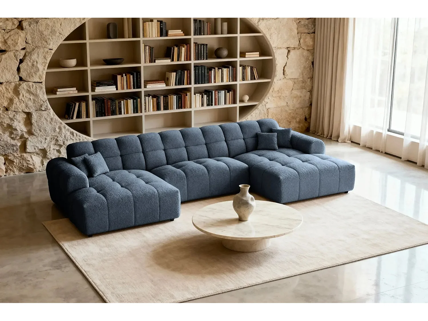 ALEXIA - Canapé panoramique tissu bouclette 5 places - Bleu