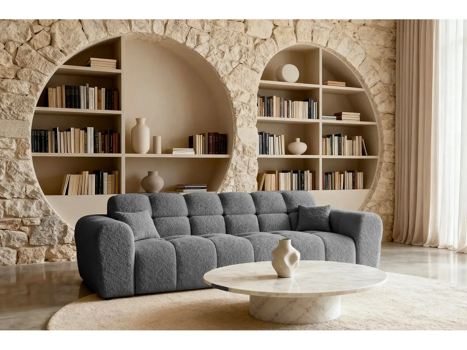 ALEXIA - Canapé droit tissu bouclette 3 places - Gris foncé