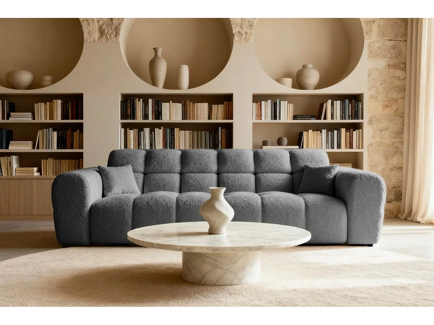 ALEXIA - Canapé droit tissu bouclette 3 places - Gris foncé