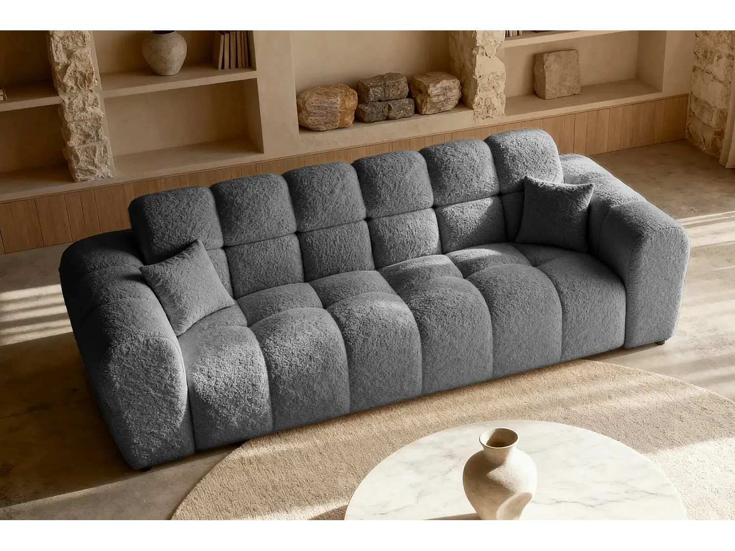 ALEXIA - Canapé droit tissu bouclette 3 places - Gris foncé