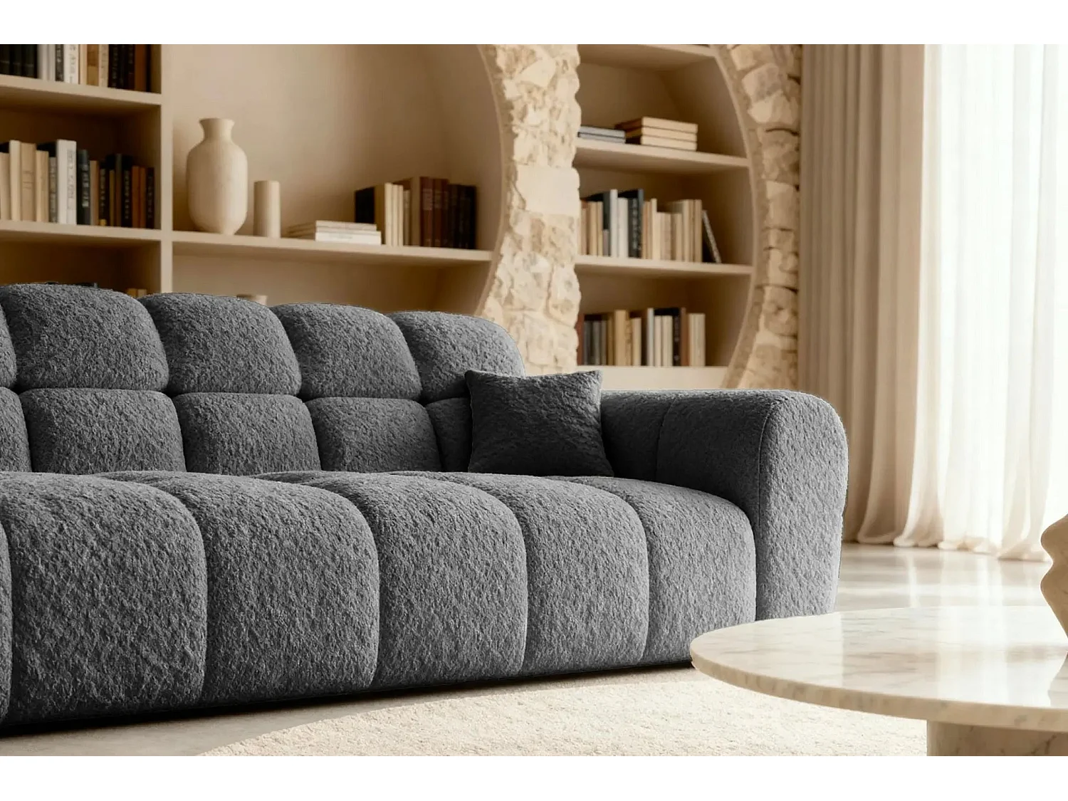 ALEXIA - Canapé droit tissu bouclette 3 places - Gris foncé