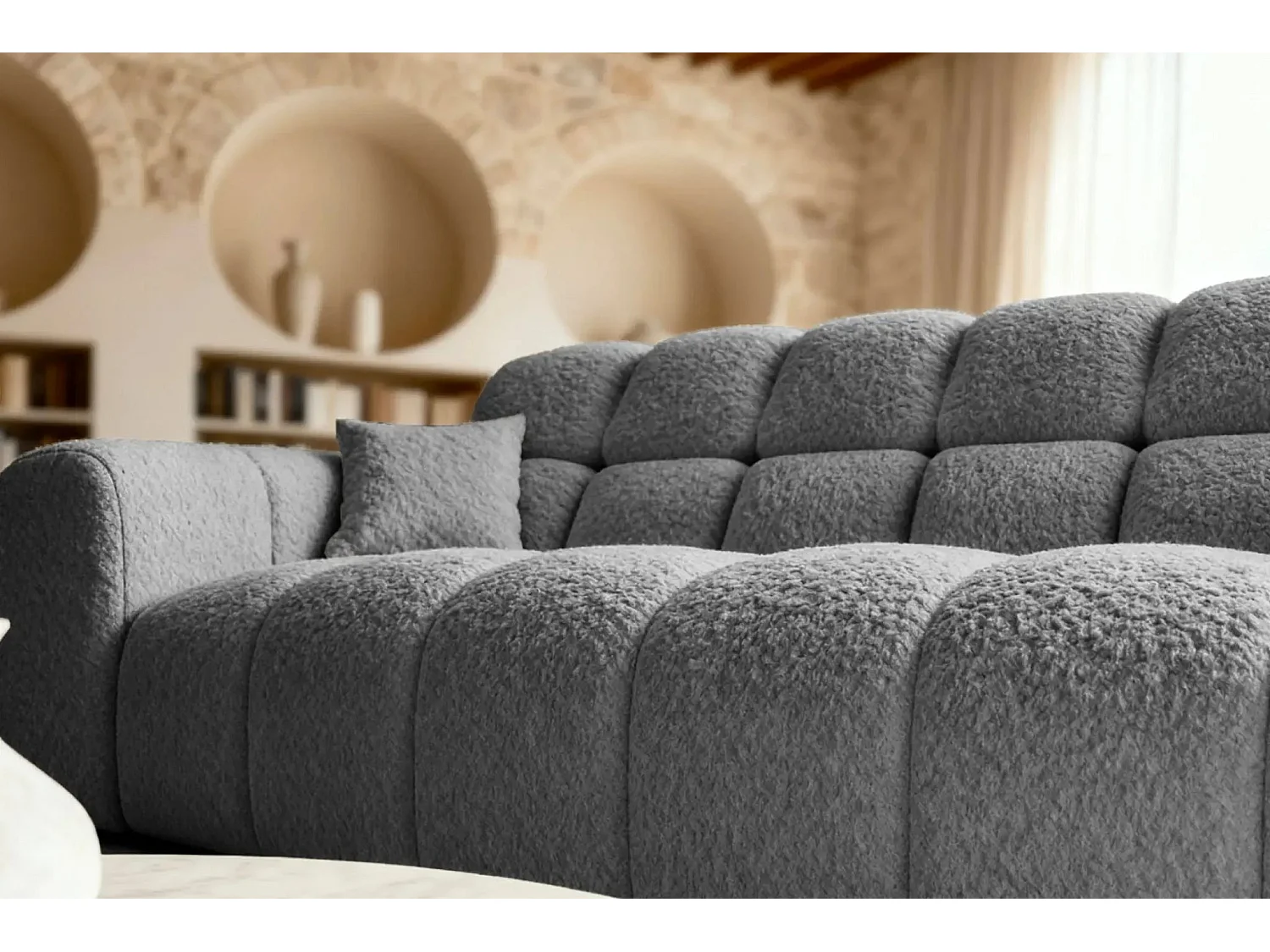 ALEXIA - Canapé droit tissu bouclette 3 places - Gris foncé