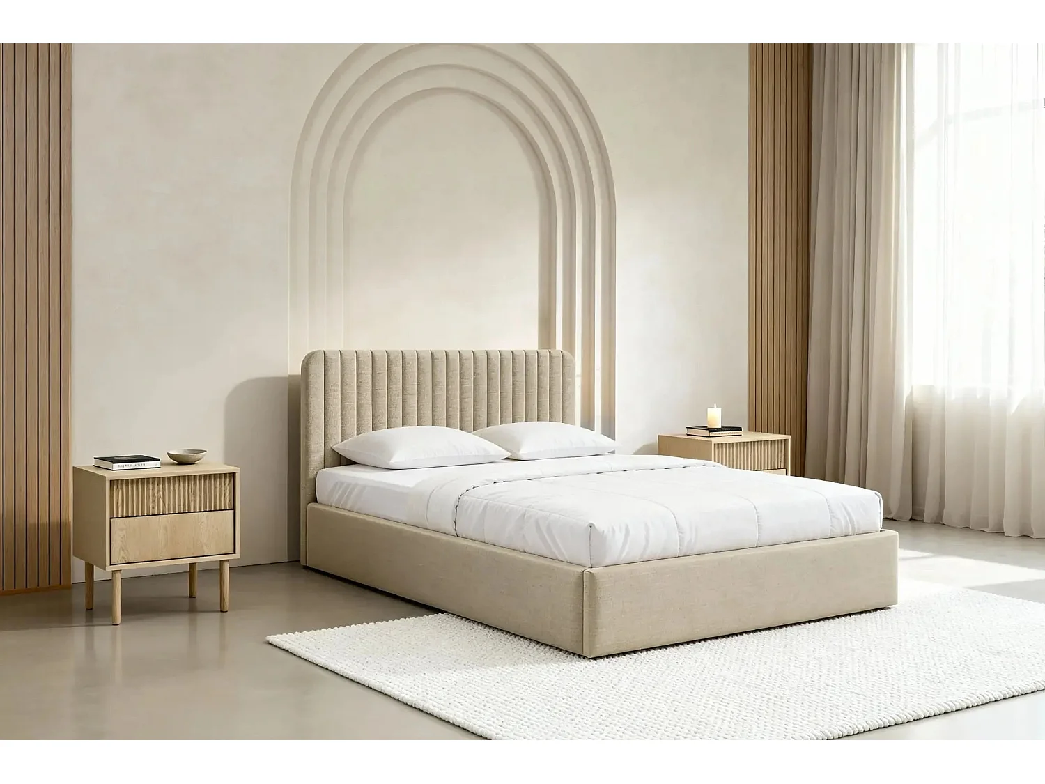 JEANNE - Lit coffre tissu velours 140x200cm - Beige