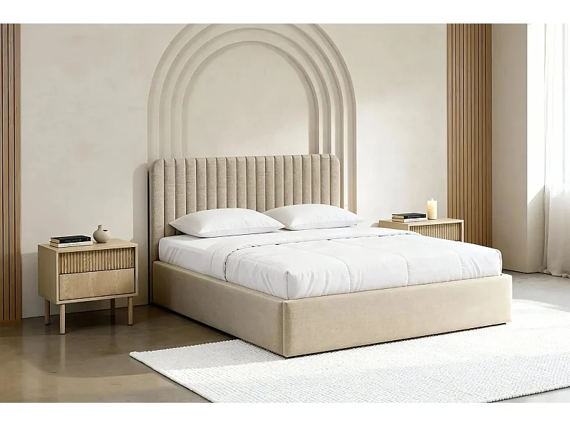JEANNE - Lit coffre tissu velours 140x200cm - Beige