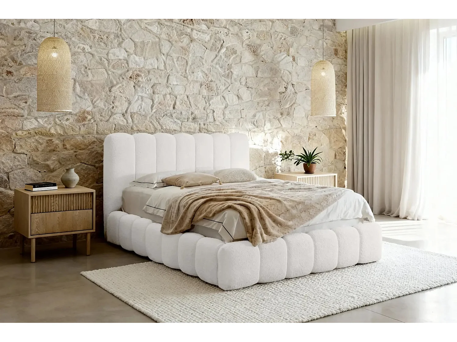 GARANCE - Lit coffre tissu chenille 180x200cm - Blanc