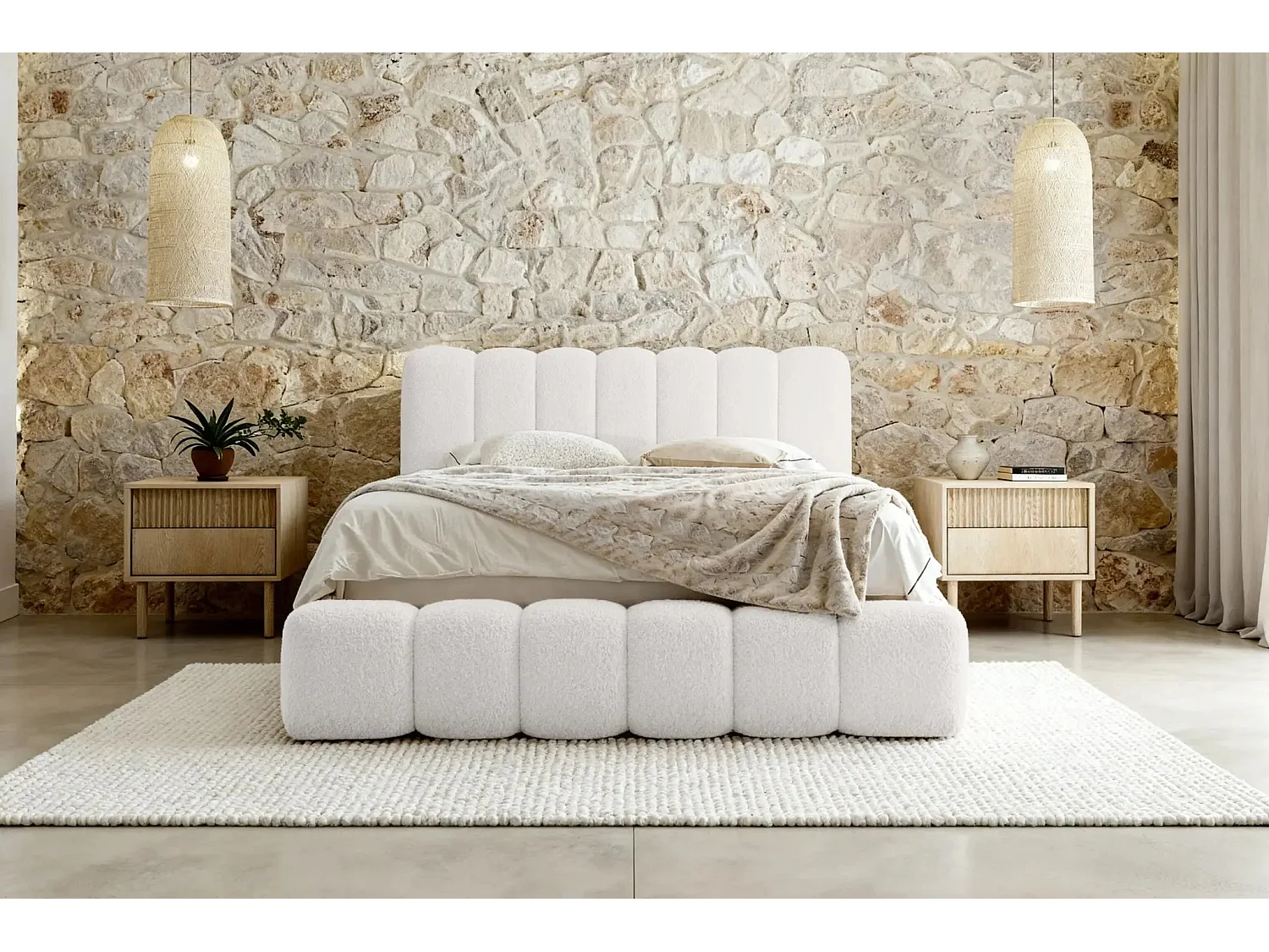 GARANCE - Lit coffre tissu chenille 180x200cm - Blanc