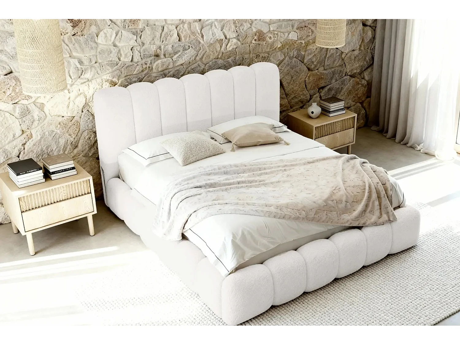 GARANCE - Lit coffre tissu chenille 180x200cm - Blanc