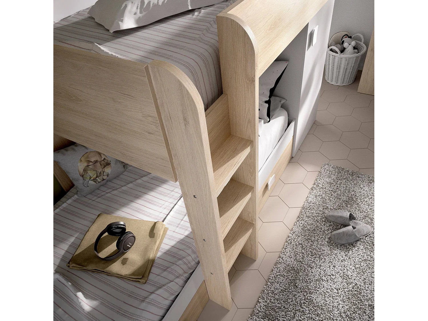 Lit enfant Marmolada, Chambre complète avec armoire et tiroirs, Composition de lits superposés avec deux lits simples, 255x112h150 cm, Blanc et Chêne