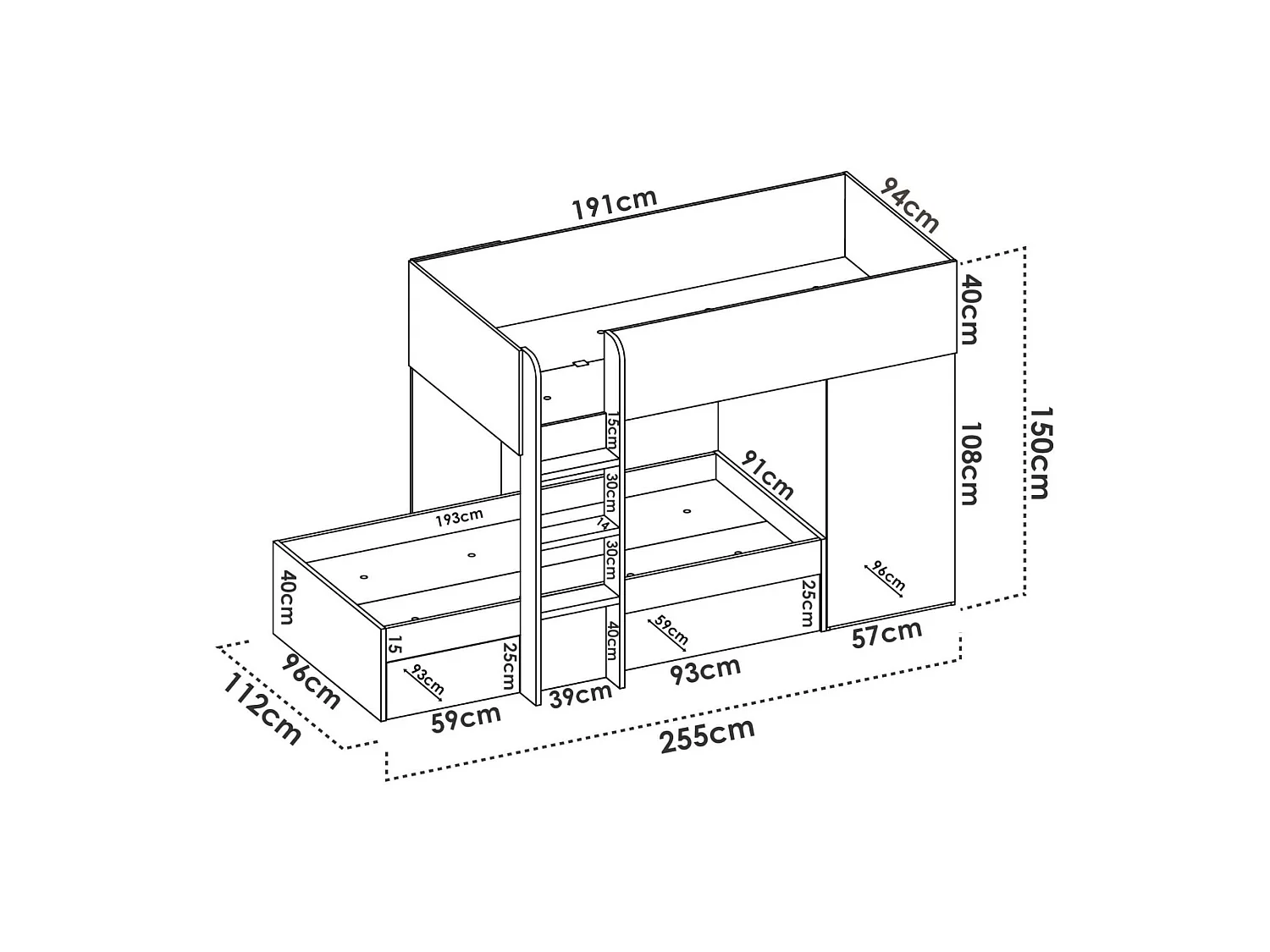 Lit enfant Marmolada, Chambre complète avec armoire et tiroirs, Composition de lits superposés avec deux lits simples, 255x112h150 cm, Blanc et Chêne