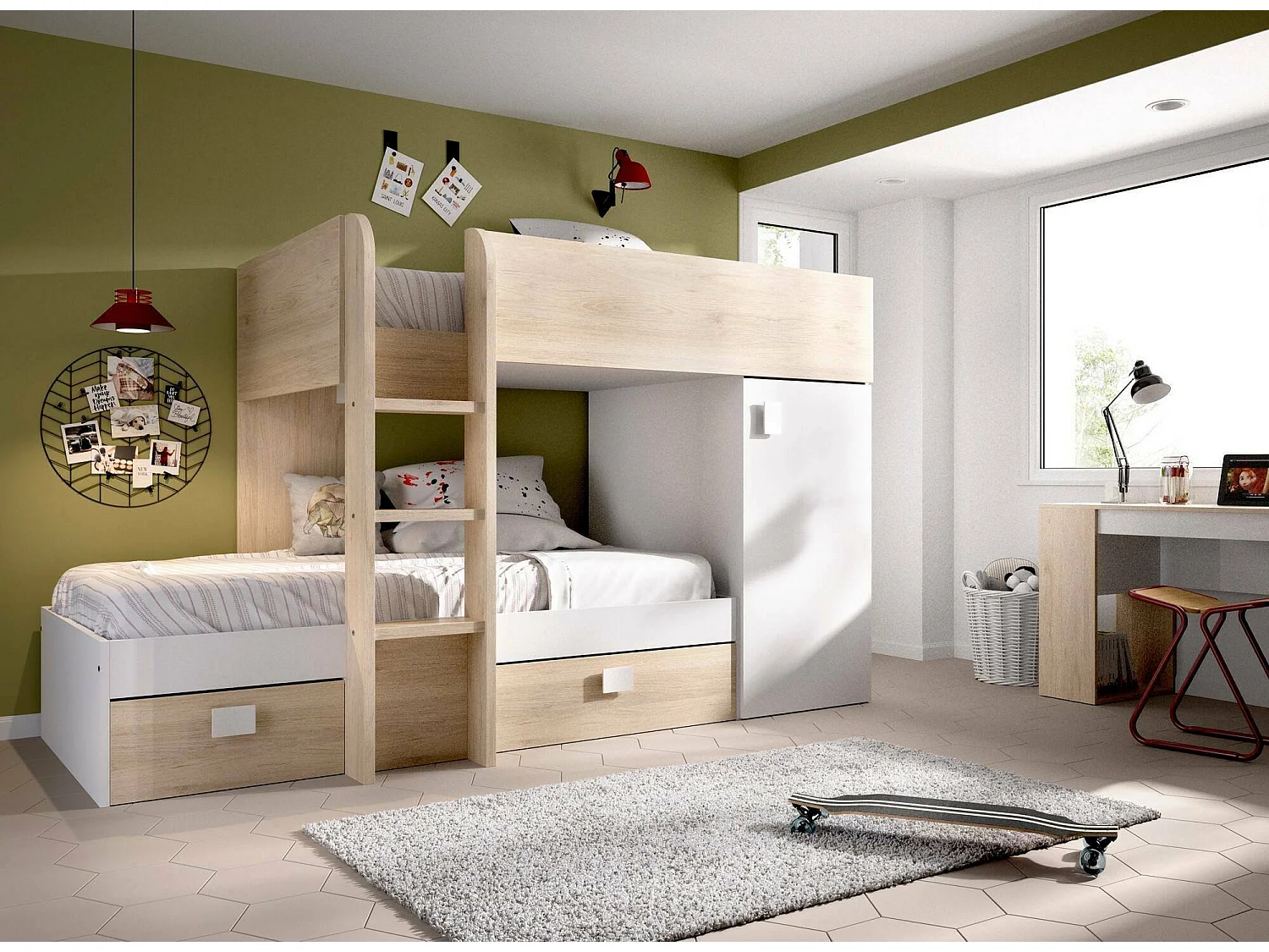 Dmora Composizione Camera da Letto Marmolada 112x255x150h cm Bianco Rovere 2 Cassetti Reversibile, Dimensione Materasso 190x98 cm