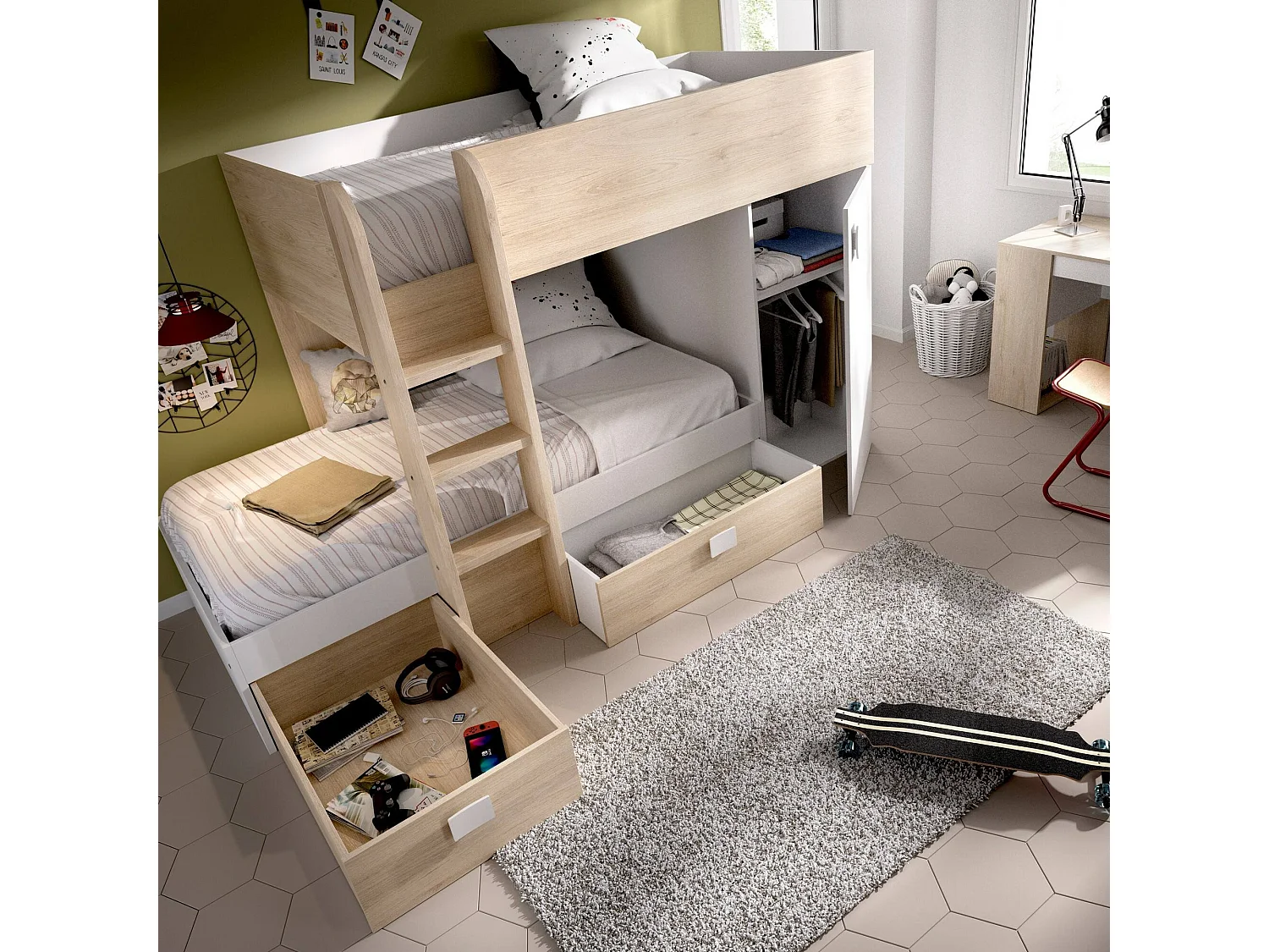 Kinderbett Marmolada, komplettes Schlafzimmer mit Kleiderschrank und Schubladen, Etagenbettkomposition mit zwei Einzelbetten, 255 x 112 x 150 cm, WeiÃŸ und Eiche