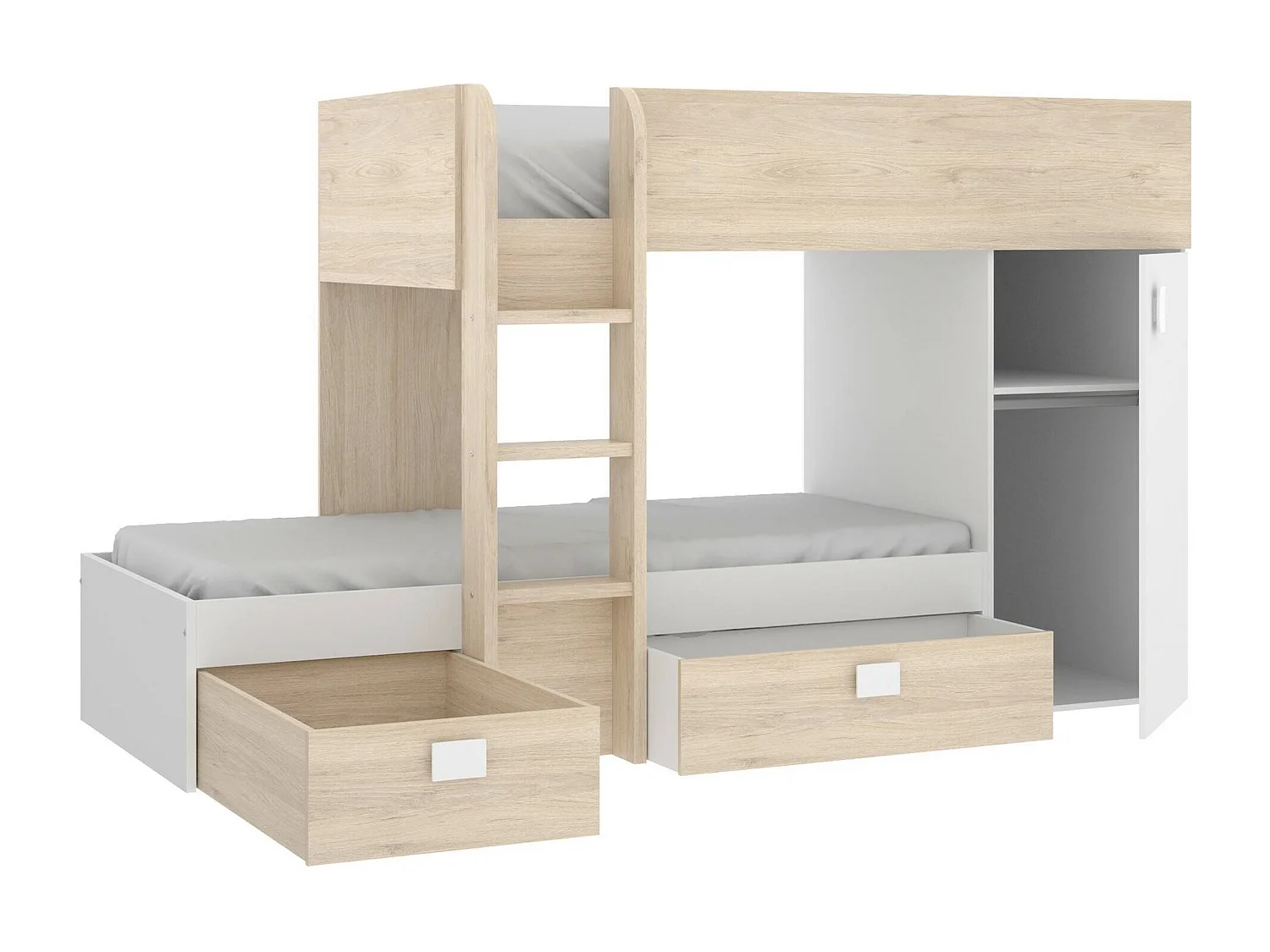 Kinderbett Marmolada, komplettes Schlafzimmer mit Kleiderschrank und Schubladen, Etagenbettkomposition mit zwei Einzelbetten, 255 x 112 x 150 cm, WeiÃŸ und Eiche