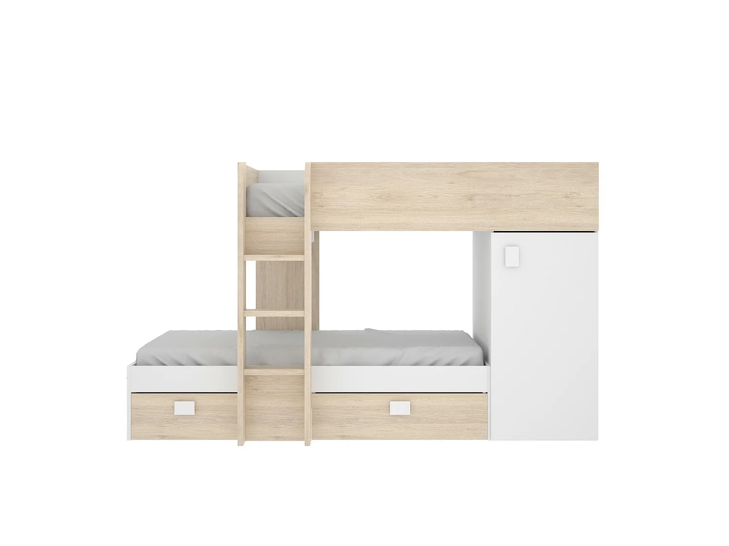 Cama infantil Marmolada, Dormitorio completo con armario y cajoneras, Composición litera con dos camas individuales, 255x112h150 cm, Blanco y Roble