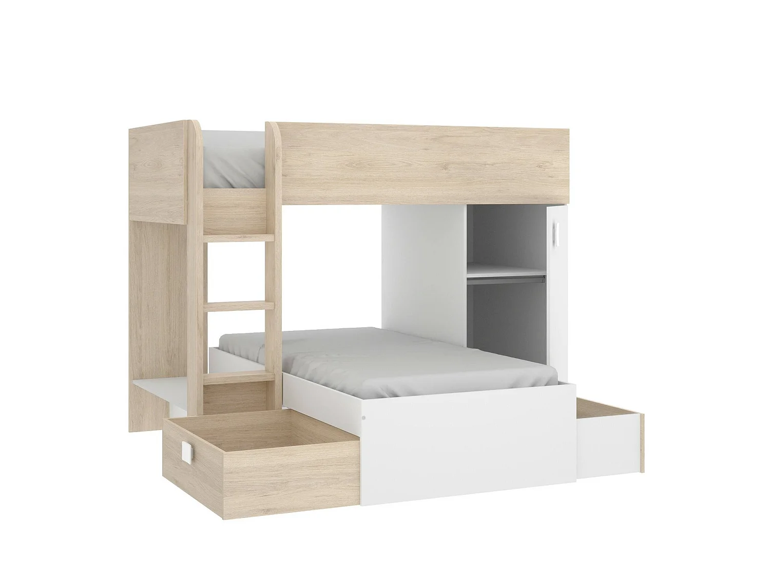 Lit enfant Marmolada, Chambre complète avec armoire et tiroirs, Composition de lits superposés avec deux lits simples, 255x112h150 cm, Blanc et Chêne