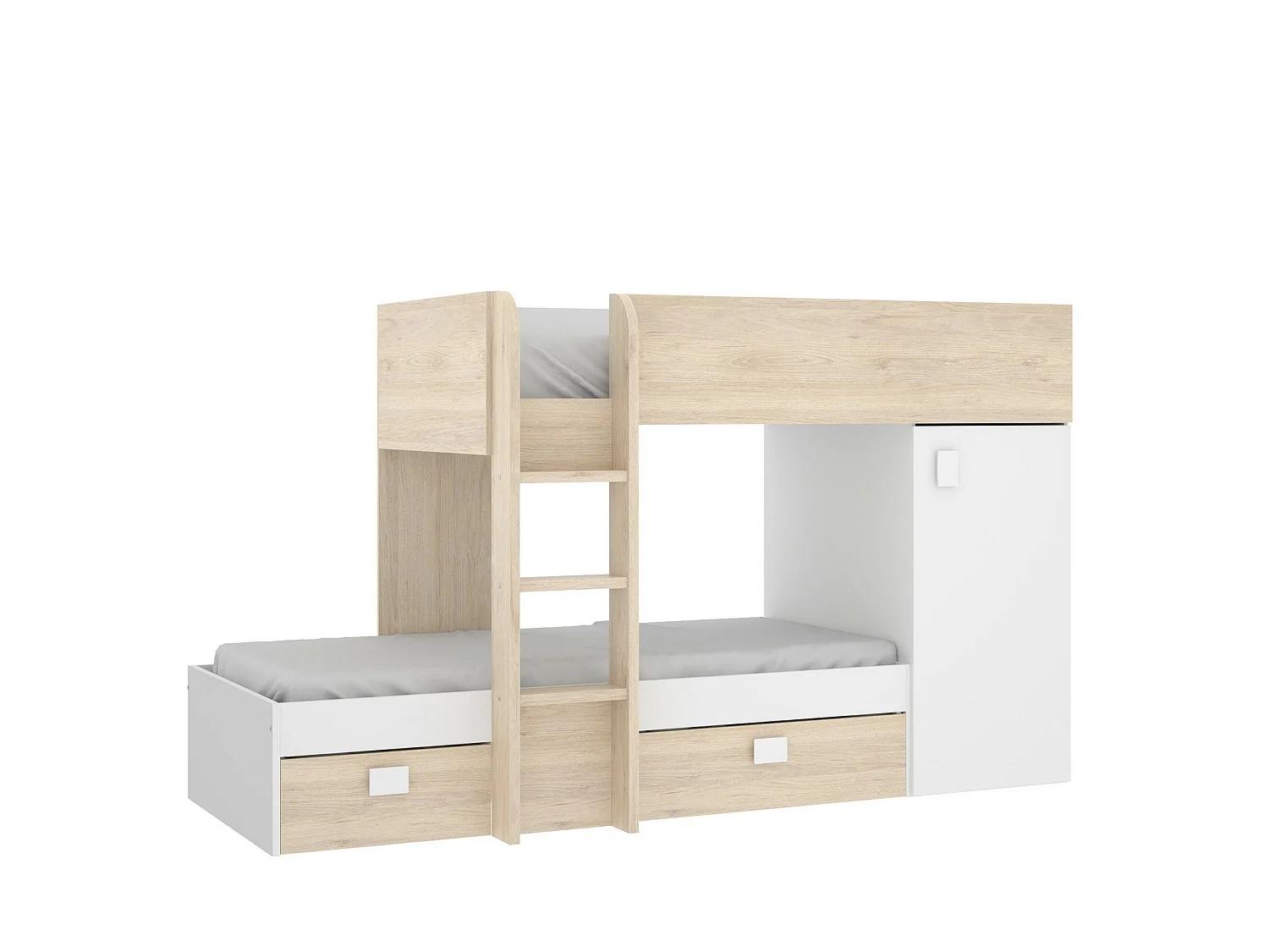 Lit enfant Marmolada, Chambre complète avec armoire et tiroirs, Composition de lits superposés avec deux lits simples, 255x112h150 cm, Blanc et Chêne