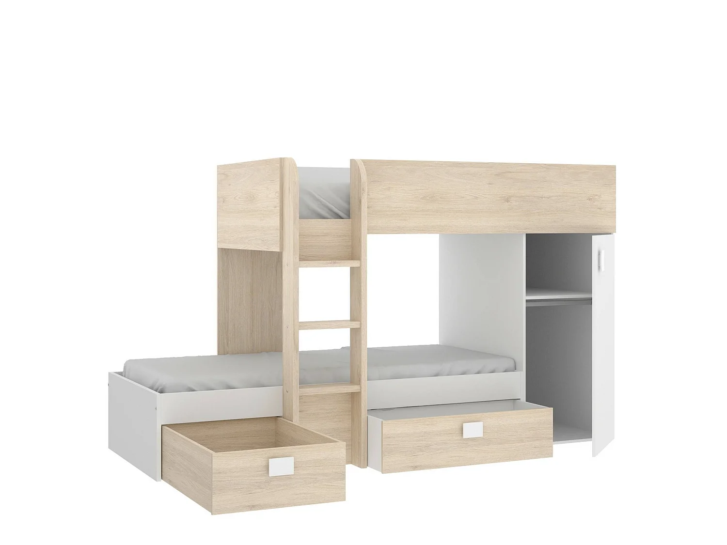 Lit enfant Marmolada, Chambre complète avec armoire et tiroirs, Composition de lits superposés avec deux lits simples, 255x112h150 cm, Blanc et Chêne